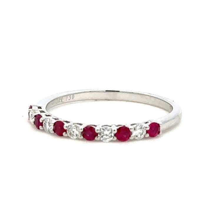 1/2 Anniversary Style Colored Stone Wedding Band 18 KT White with Rubies & Diamonds Accent size 6.25