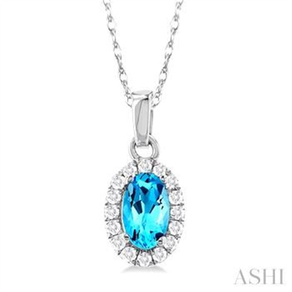 Halo Pendants 10 Karat Gold White with Oval Blue Topaz & Round I/J Diamonds