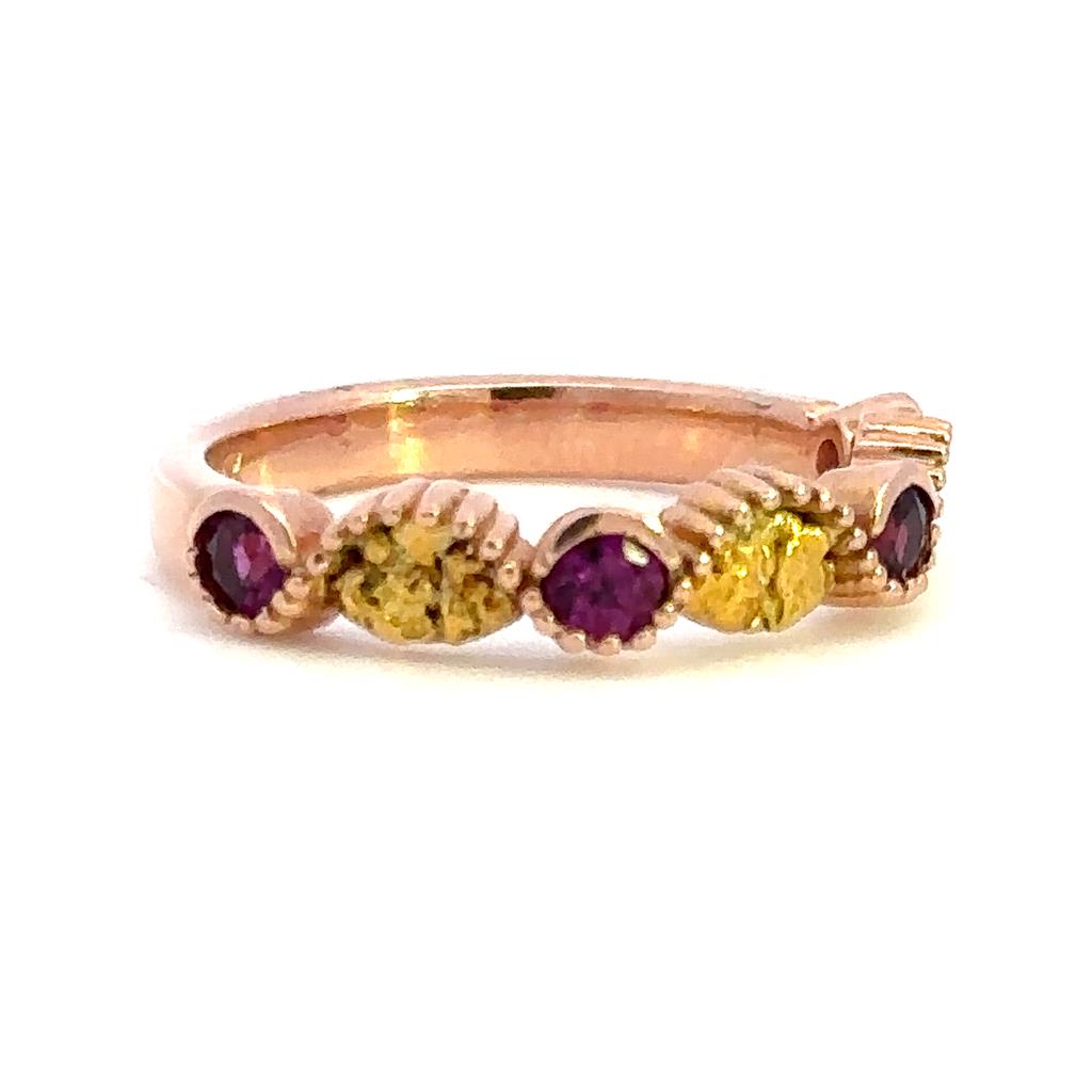 Stack-Able Style Fashion Ring Womens 14K & Alaskan Gold Nugget Rose with Garnet Rhodolites size 6.25