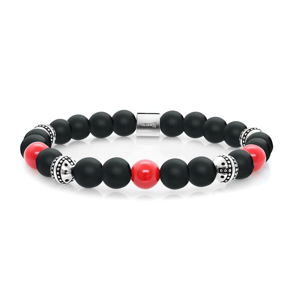 Black Onyx & Red Onyx & Stainless Steel Gemstone Bead Stretch Bracelet 8" Long