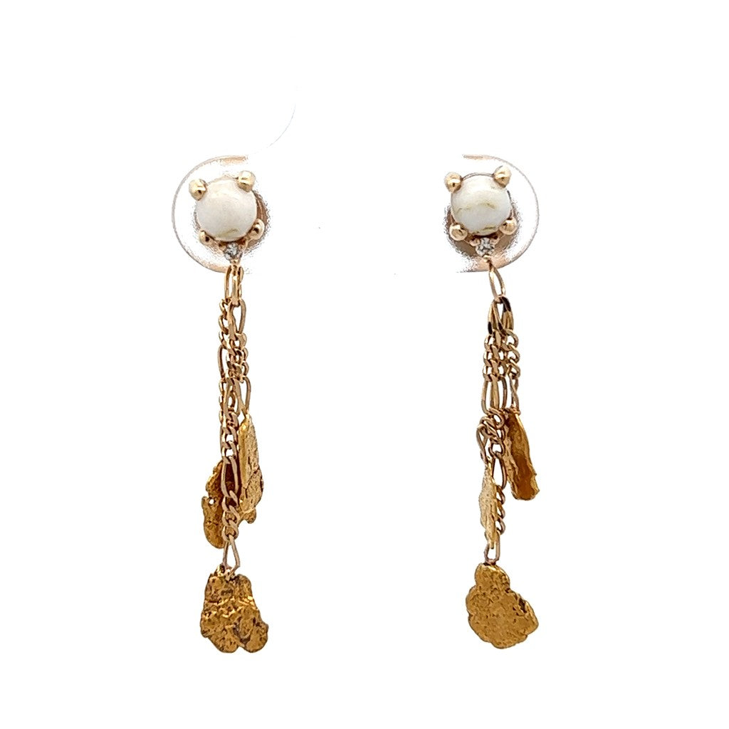 Earrings Alaskana Dangle Drops 14 Karat Gold & Alaskan Gold Nugget White Golden Quartz Diamonds
