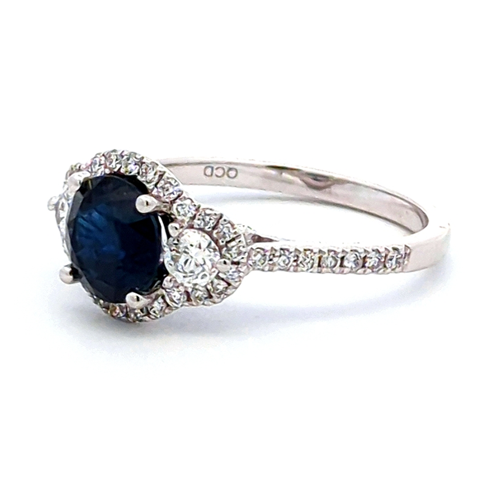 3 Stone Style Colored Stone Ring 18 KT White with Sapphire & Diamond Accent size 7