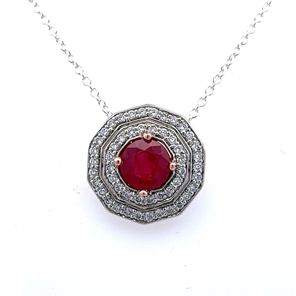 Halo Pendants Platinum Two Tone with Round H/I Diamonds & Round Ruby