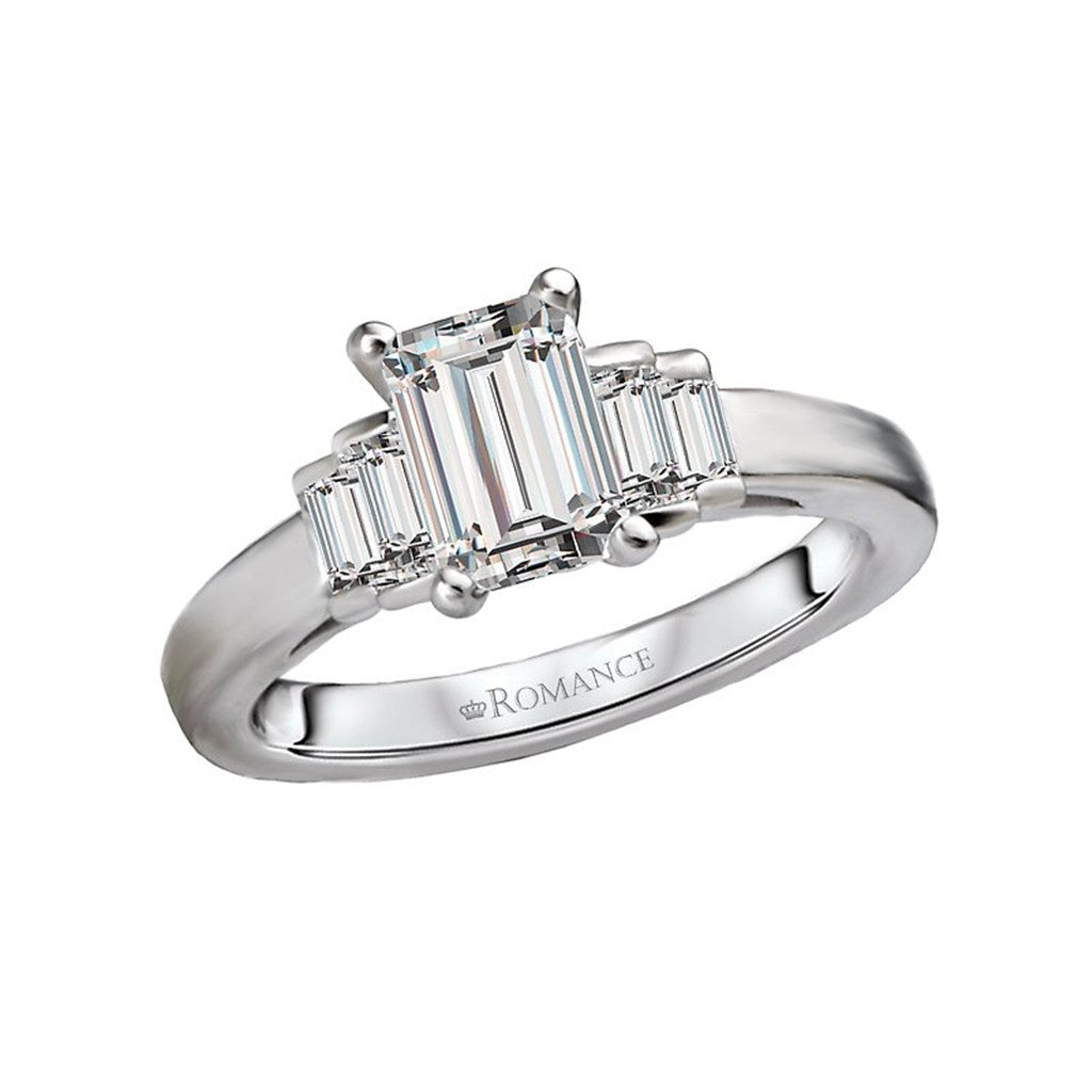 Three Stone Style Diamond Engagement Ring 14 Karat Gold White
(Center Stone Not Included)