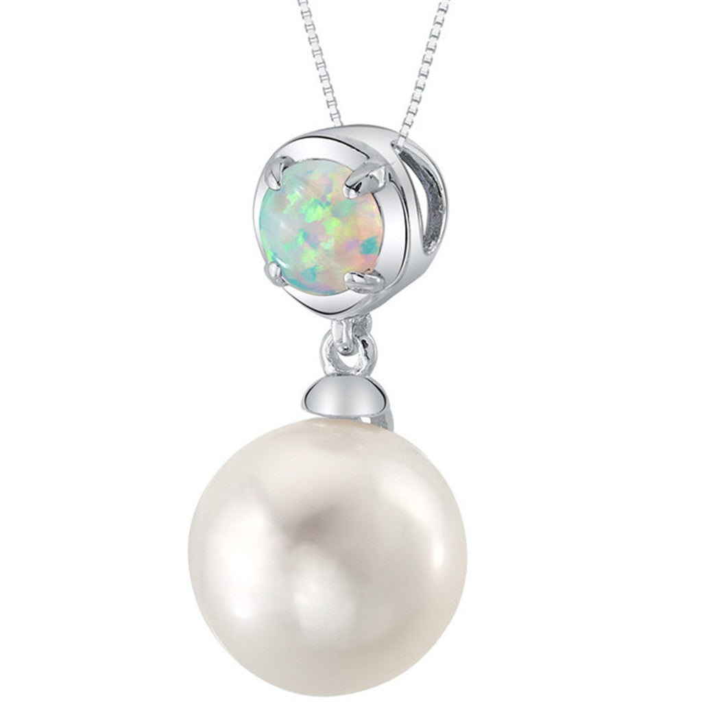 October Birthstone Slider Pearl Pendant Sterling Silver White with Round Fresh Water Pearl & Cabochon Round Opal