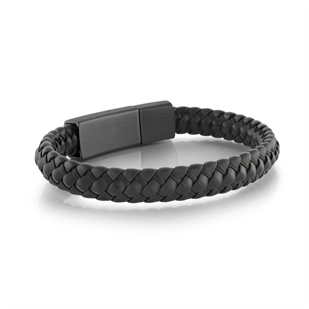 Learher Alternative Metal Bracelet Leather & Stainless Black Color 8.5" Long