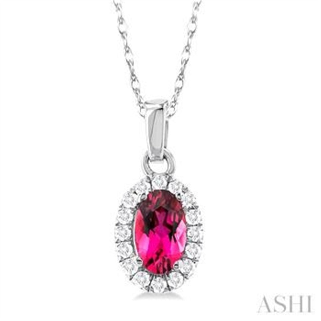 Halo Pendants 10 Karat Gold White with Oval Pink Tourmaline & Round I/J Diamonds
