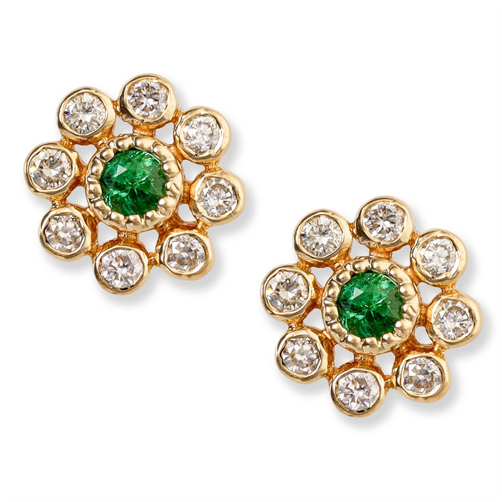 14 Karat Gold Yellow Stud Earrings 0.12ctw Round Chrome Diopsides 0.19 ctw Round Diamond