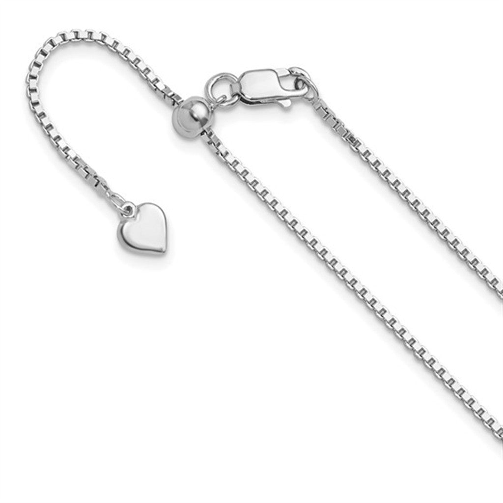 White Sterling Silver 1.3 MM Box Adjustable Chain 22" Long