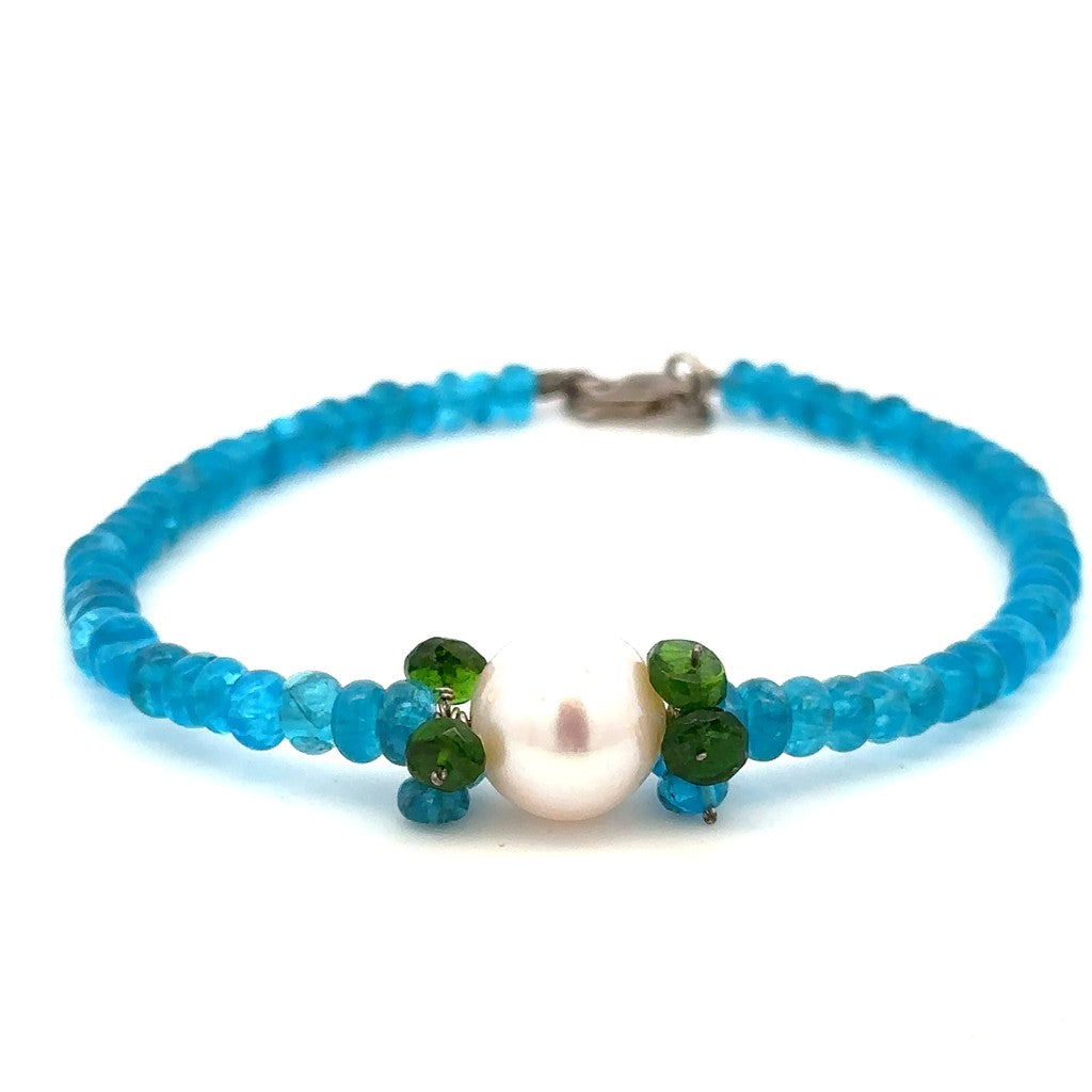 Clasp Style Colored Stone Bracelet Sterling Silver Mixed With Fresh Water Pearl & Apatite 7" Long