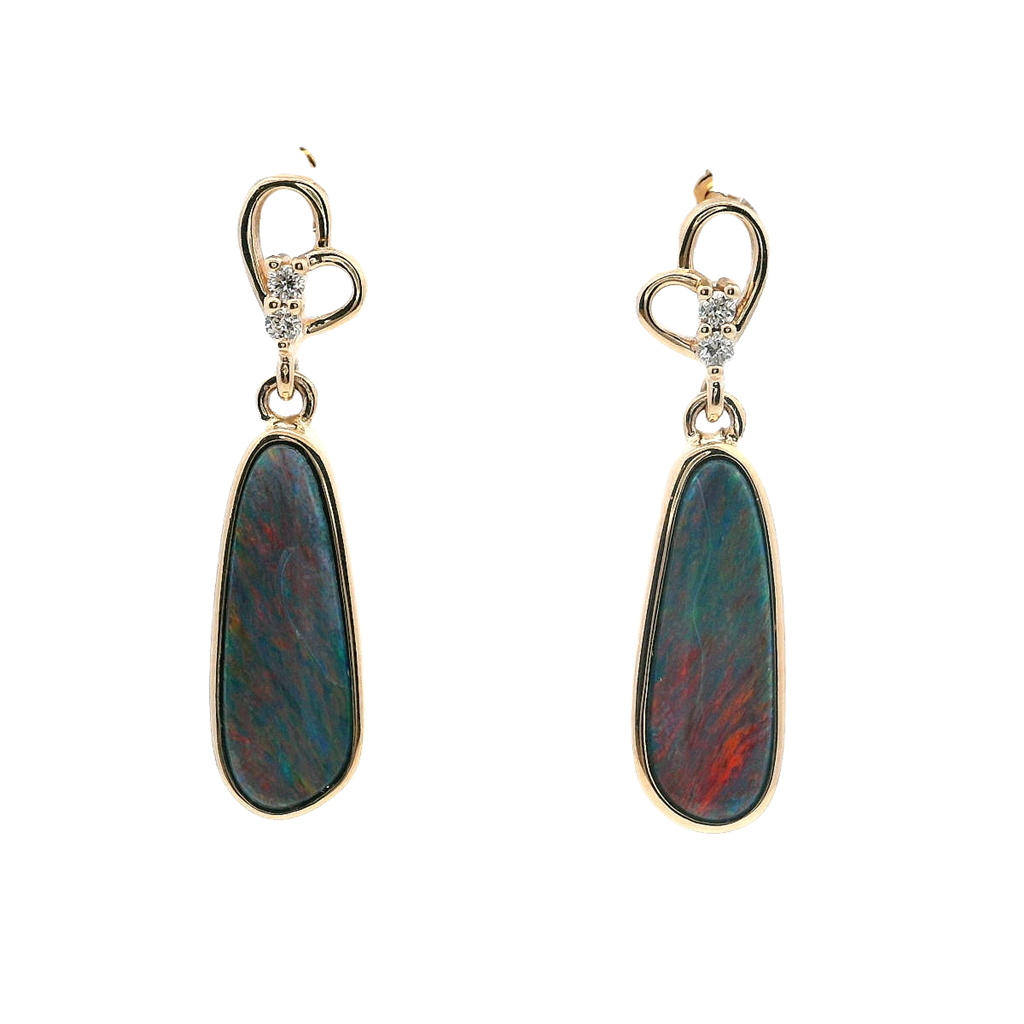 14 Karat Gold Yellow Stud Drop Earrings Fantasy Cut Opals 0.05 ctw Round Diamonds