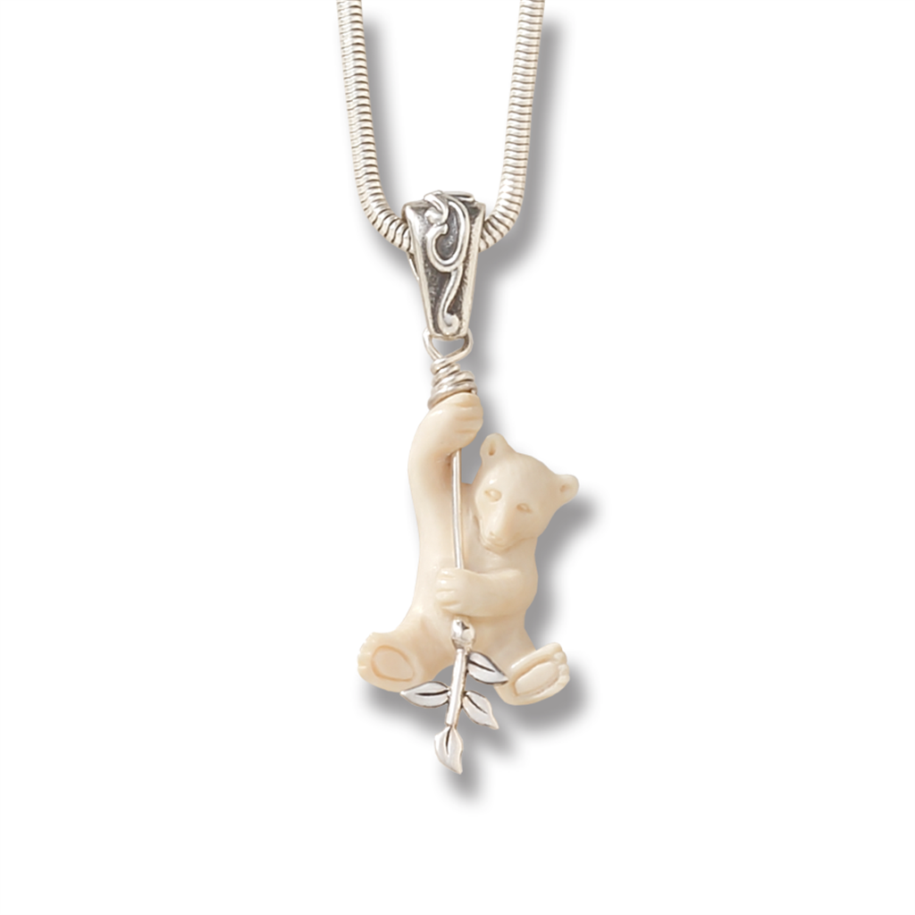 Mammoth Ivory Drop Style Bear Pendant/Necklace Sterling Silver