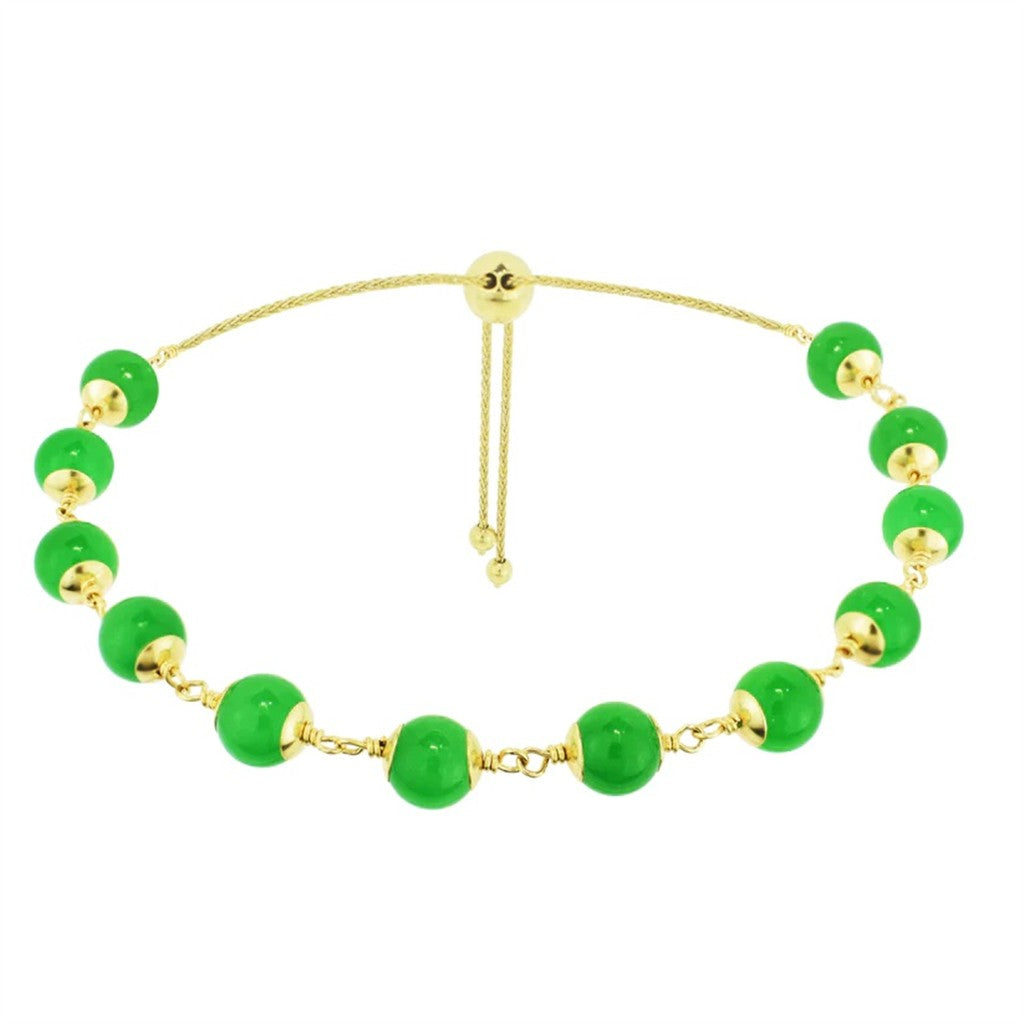 Bead Adjustable Style Colored Stone Bracelet 14 Karat Gold Yellow With Jade 10.5" Long
