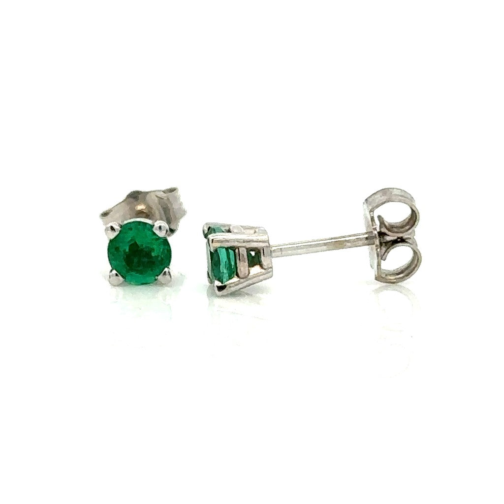 14 Karat Gold White Stud Earrings 0.54ctw Round Emeralds