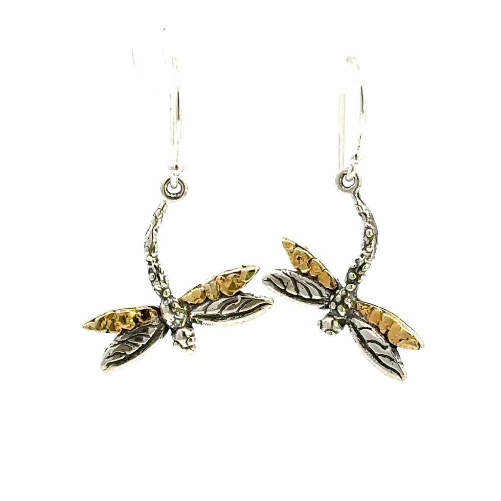 Dragonfly Wire Drop Sterling Silver Earrings Accented with Alaskan Gold Nuggets