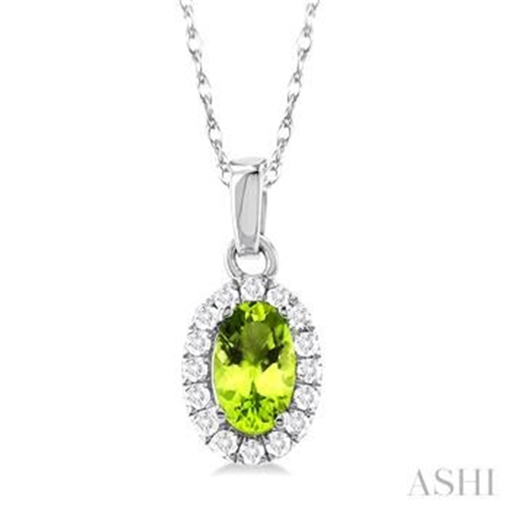 Halo Pendants 10 Karat Gold White with Oval Peridot & Round I/J Diamonds