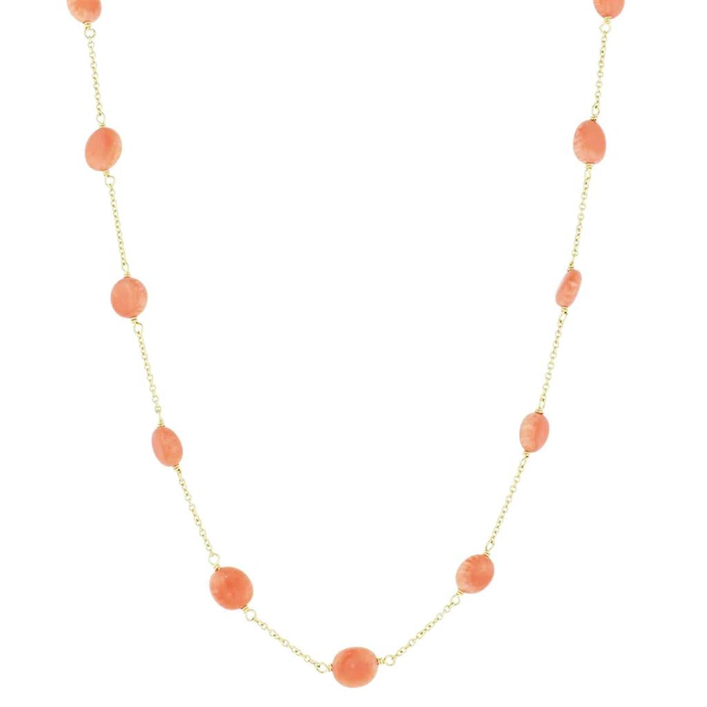 Station Colored Stone Necklace 14 Karat Gold Yellow With Coral 18" Long