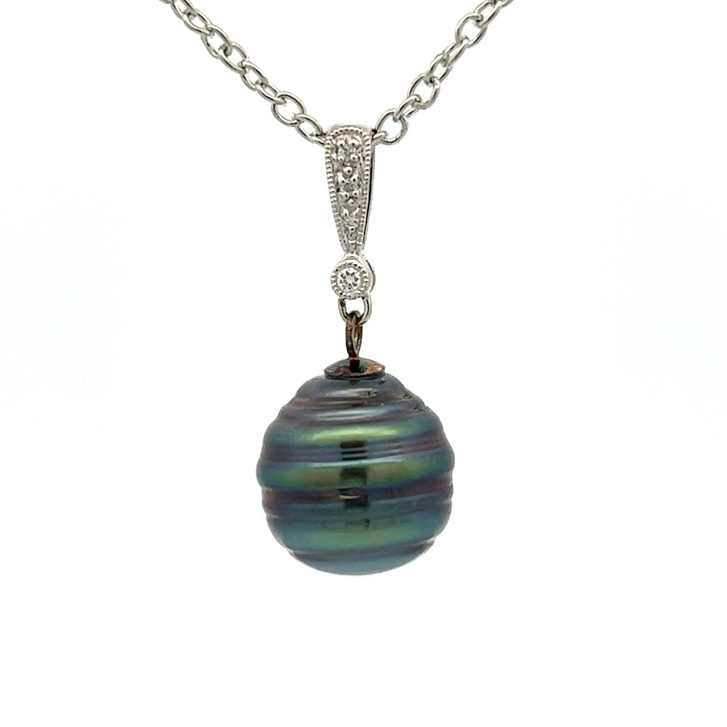 Solitare Accent Pearl Pendant 14 Karat Gold White with Near Round Black Tahitian Pearl & Round Diamonds 0.05 ctw