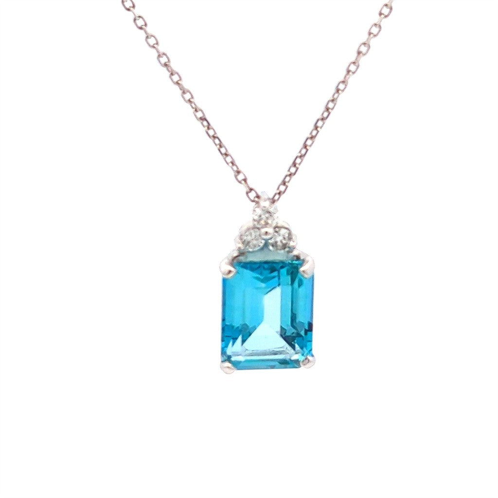Solitare Accent Pendants 14 Karat Gold White with Emerald Cut Blue Topaz & Round G Diamonds