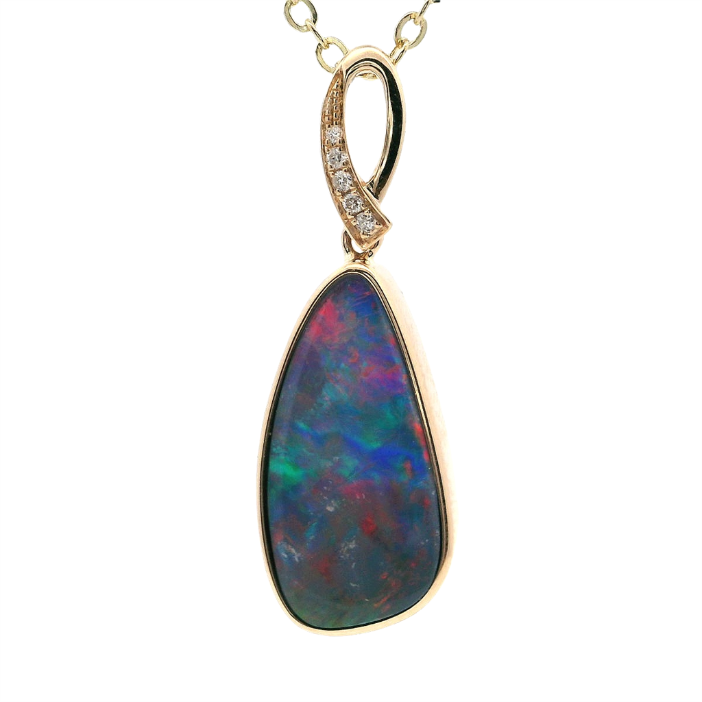 Drop Pendants 14 Karat Gold Yellow with Fantasy Cut Opal & Round Diamond