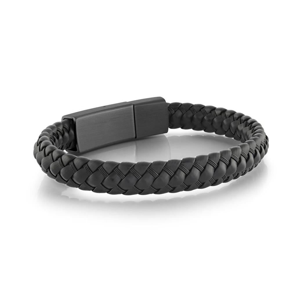 Learher Alternative Metal Bracelet Leather & Stainless Black Color 8.5" Long