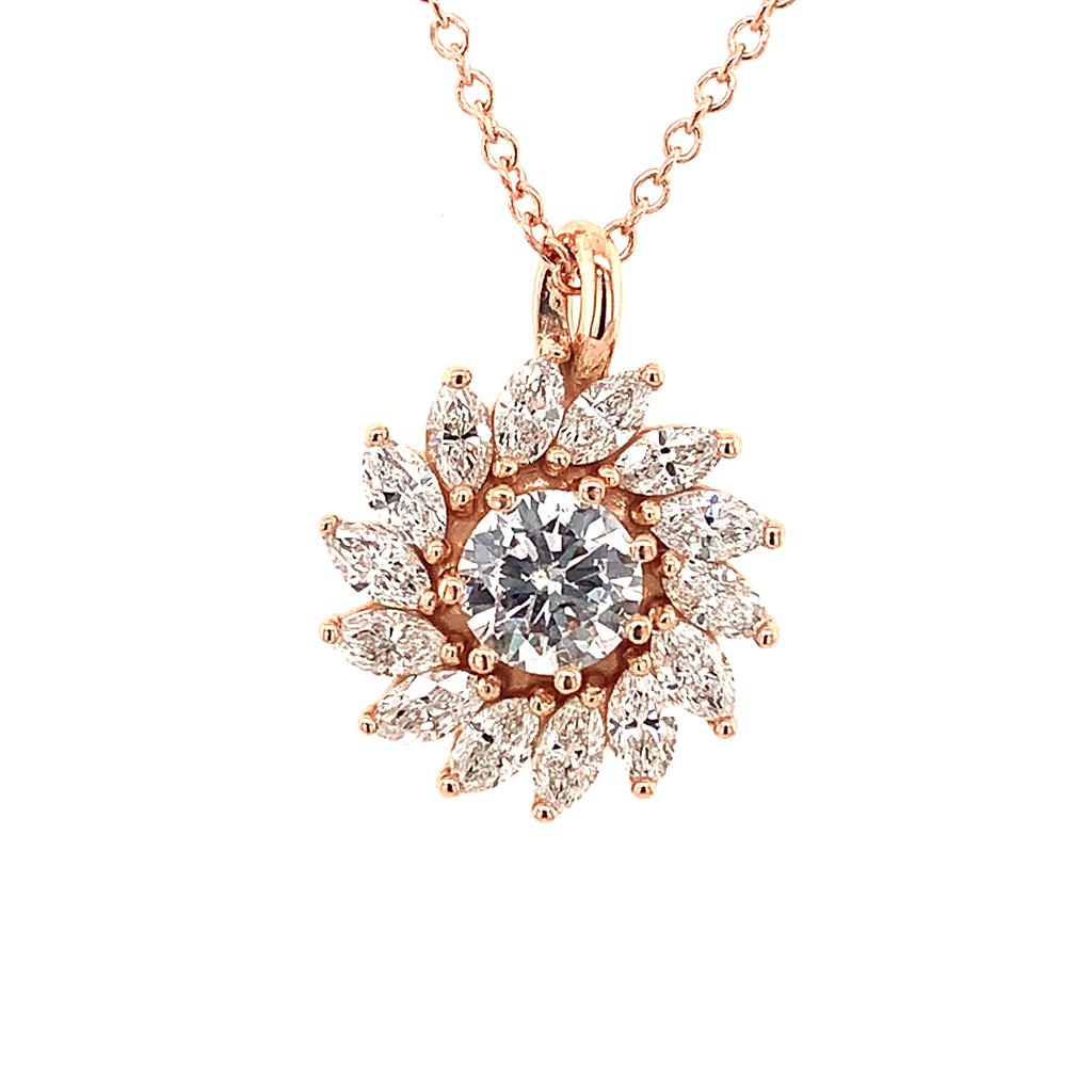 Halo Pendant Diamond 14 Karat Gold Rose with Round Diamond & Marquise I Diamonds