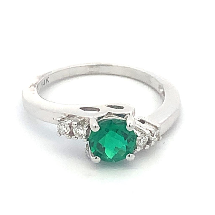 5 Stone Style Colored Stone Ring 14 KT White with Emerald & Diamonds Accent size 7
