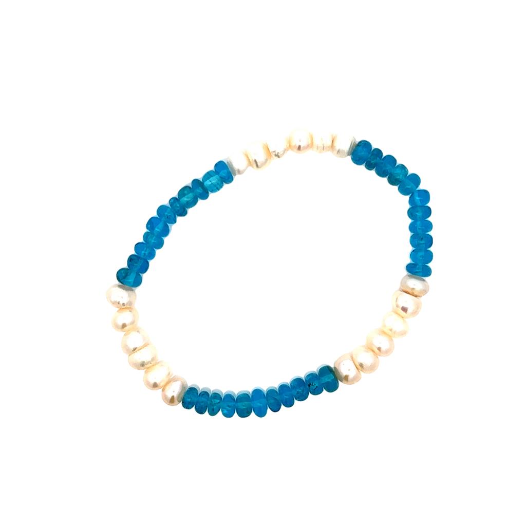 Stretch Style Gemstone Bead Bracelet Elastic with White Pearl & Blue 7"