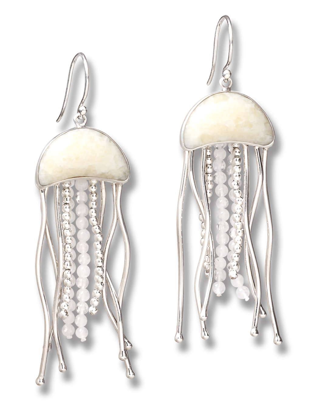 Jellyfish Walrus Ivory Dangle Drop Earrings .925 White Round Moonstone