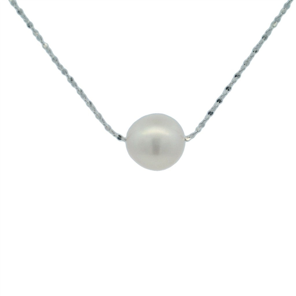 In Line Necklace Sterling Silver White 18" with Fresh Water Pearl On a Fancy Chain Sterling Silver White
