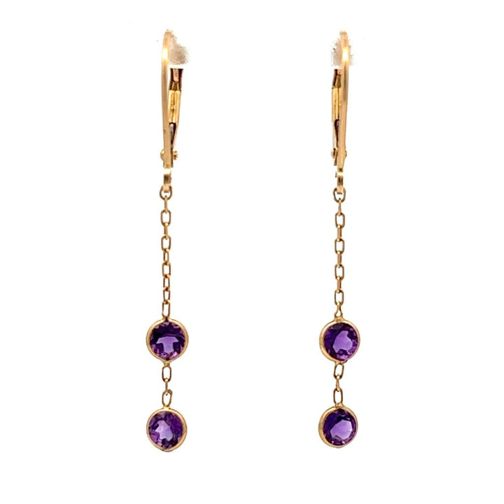 Earrings Precious Metal With Colored Stone Dangle Drop 14 KT Yellow With Amethyst