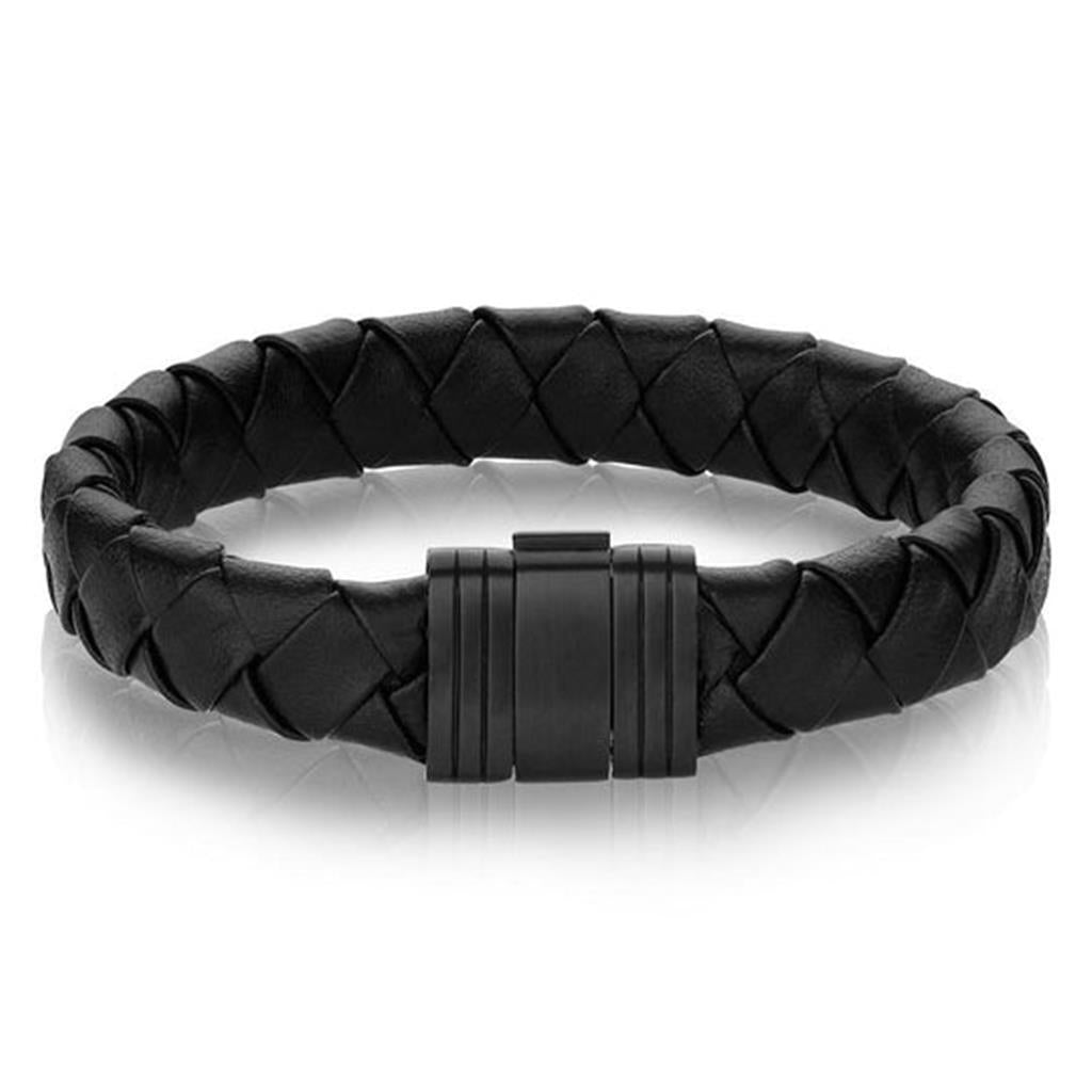 Azriel Learher Alternative Metal Bracelet Leather & Stainless Black Color 8" Long