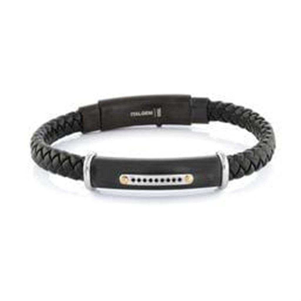 Learher Alternative Metal Bracelet Leather & Stainless Black Color 8" Long