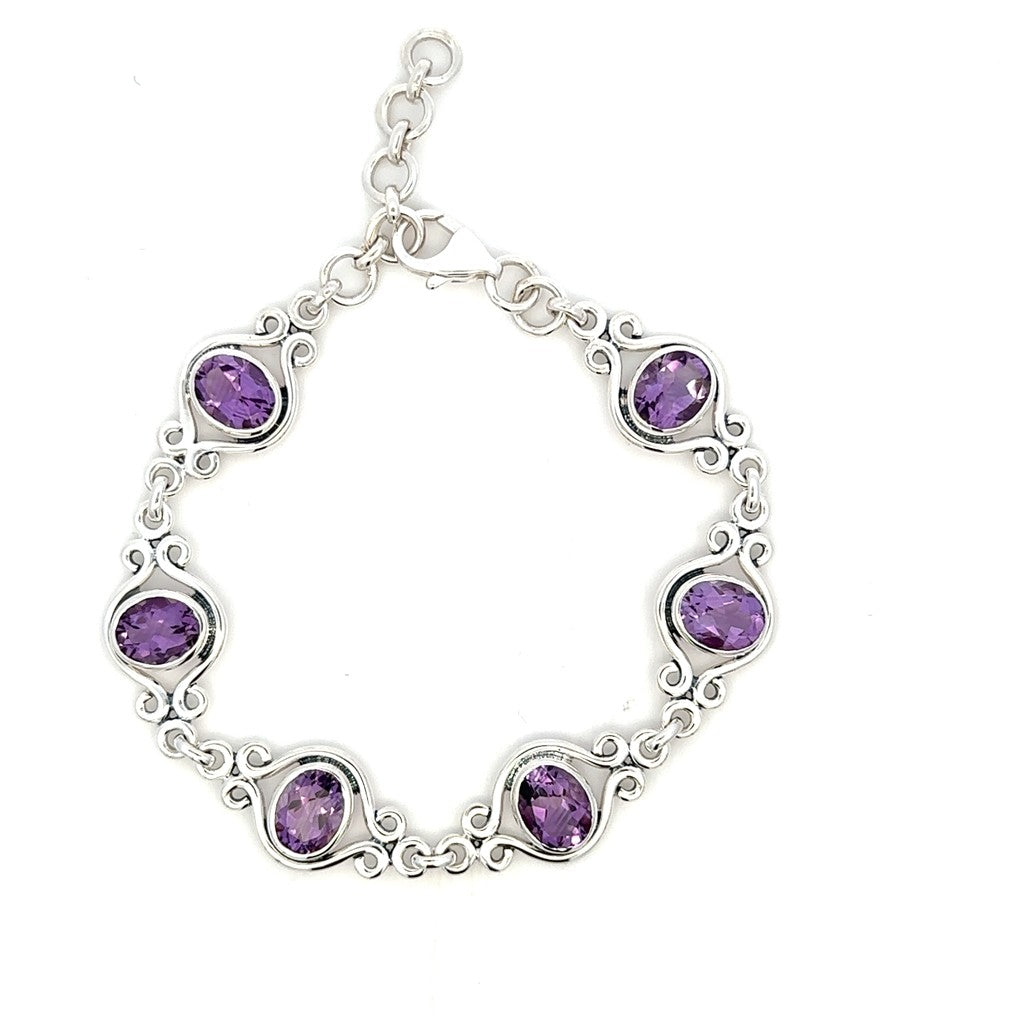 Link Style Gemstone Bracelet Sterling Silver White With Amethysts 8" Long