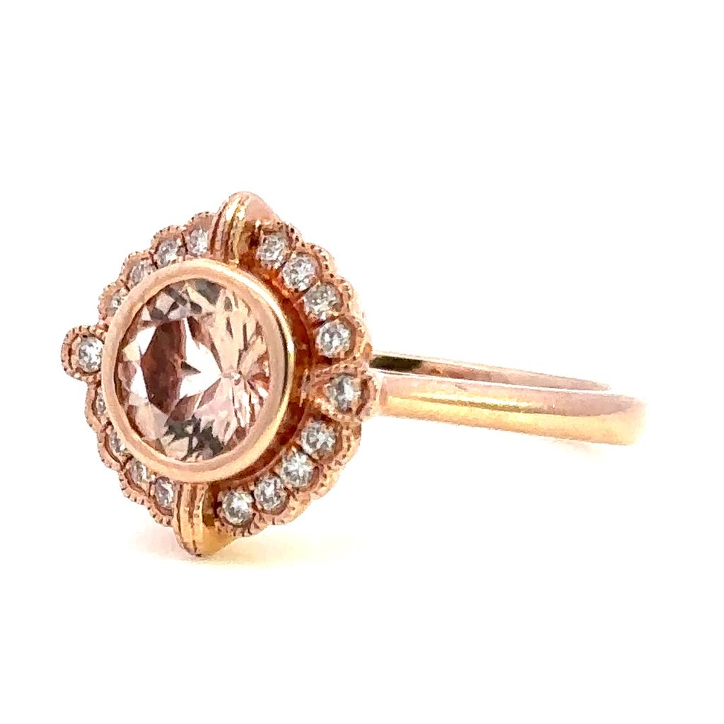 Halo Style Colored Stone Ring 14 KT Rose with Morganite & Diamonds Accent size 6.75