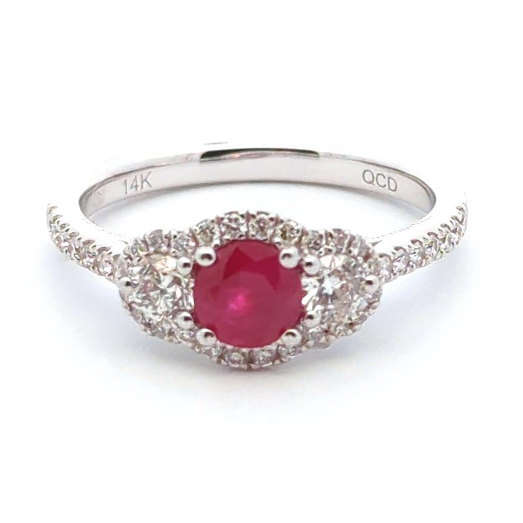 3 Stone Style Colored Stone Ring 14 KT White with Ruby & Diamond Accent size 7
