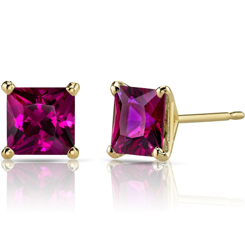 14 Karat Gold Yellow Single Stone Stud Earrings 3.00ctw Princess Rubies