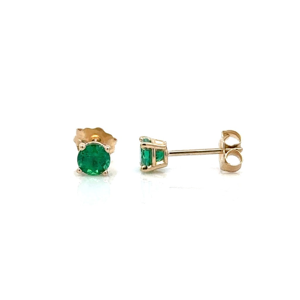 14 Karat Gold White May Single Stone Stud Earrings With 4mm 0.26ctw Round Emerald With 4mm 0.26 ctw Round Emerald