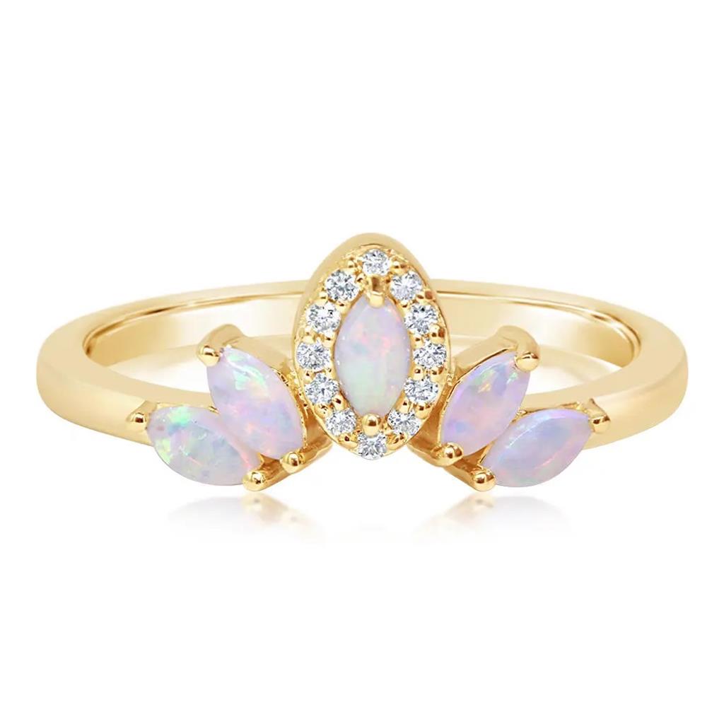 Geometric Style Colored Stone Ring 14 KT Yellow with Opals & Diamonds Accent size 7