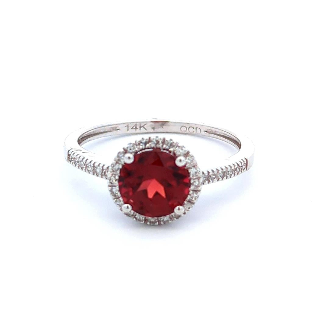 Halo Style Colored Stone Ring 14 KT White with Garnet Mozambique & Diamond Accent size 7