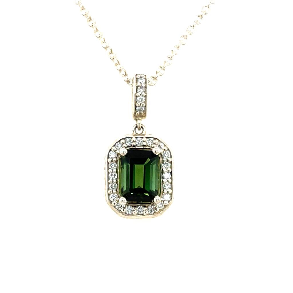 Halo Pendant .925 White with Emerald Cut Green Tourmaline & Round F Lab Diamonds