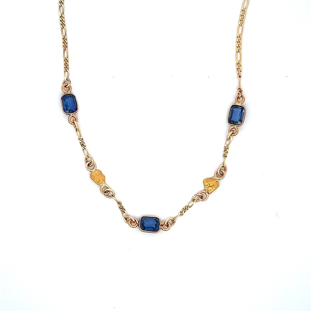 Alaskan Gold Nugget Necklace Partial Continual 18 " long On a 14 Karat Gold Yellow Figaro Chain Sapphires