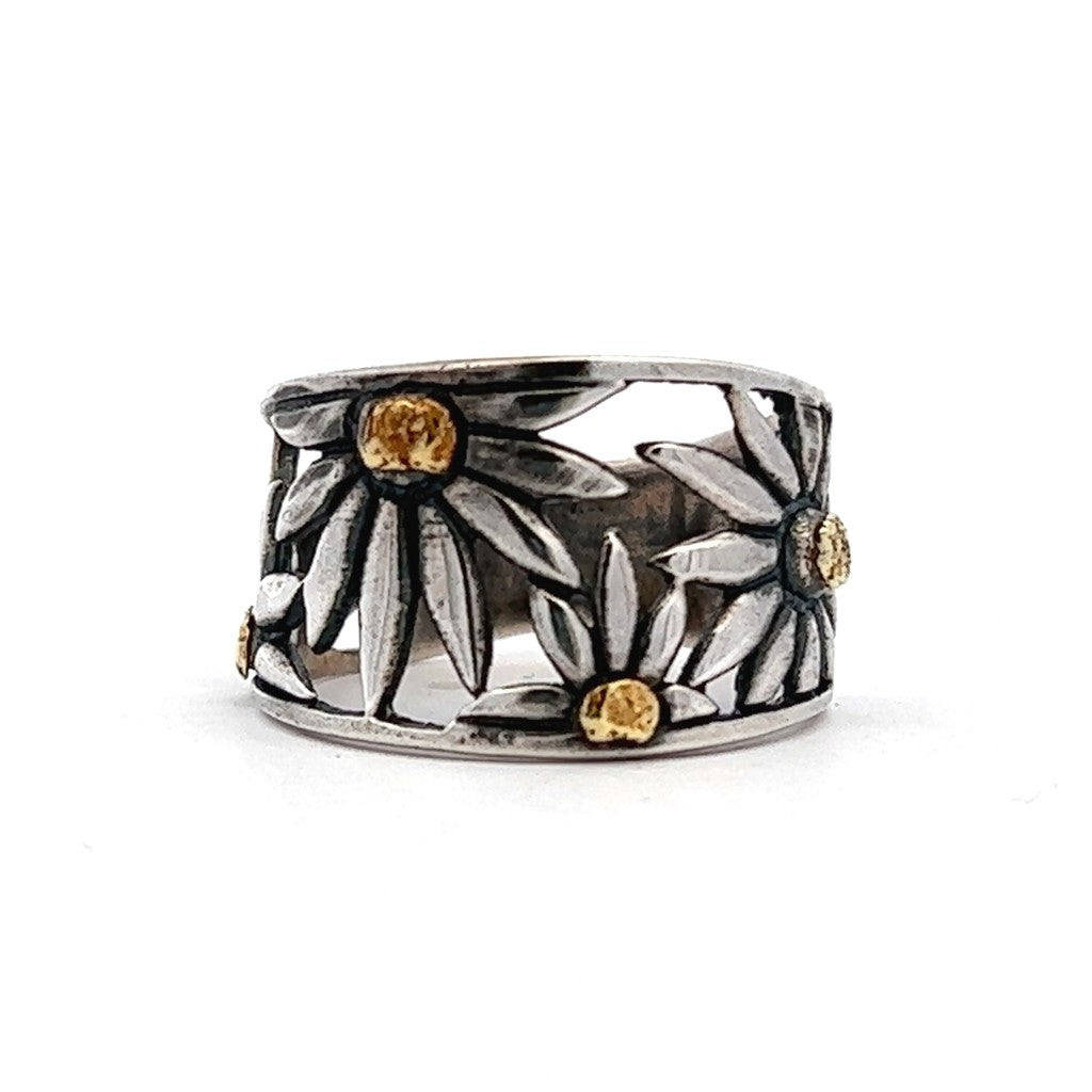 Flower Cigar Band Ring Sterling Silver & Alaskan Gold Nugget Size 7
