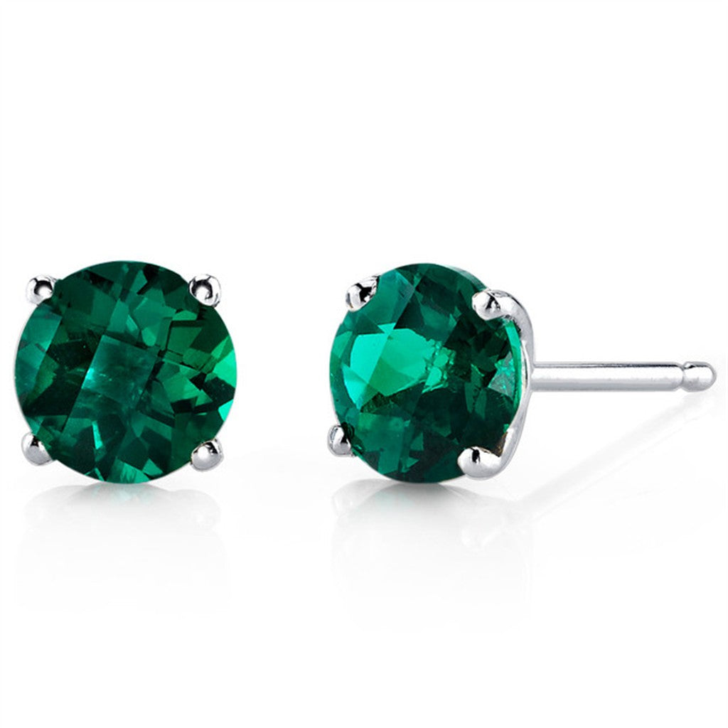 14 KT White Stud Earrings 0.85ctw Lab Grown Round Emeralds