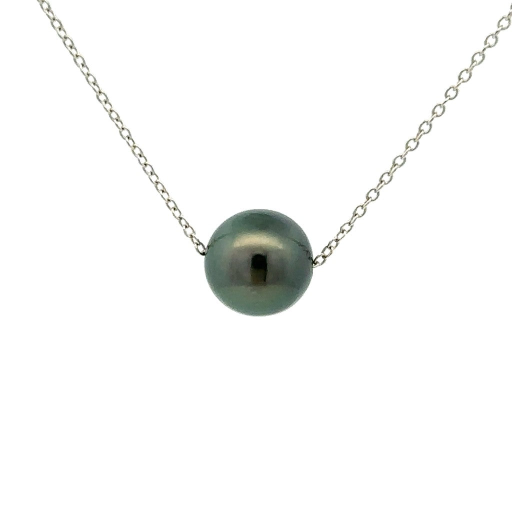 Slider Pearl Pendant 14 Karat Gold White with Round Black Tahitian Pearl