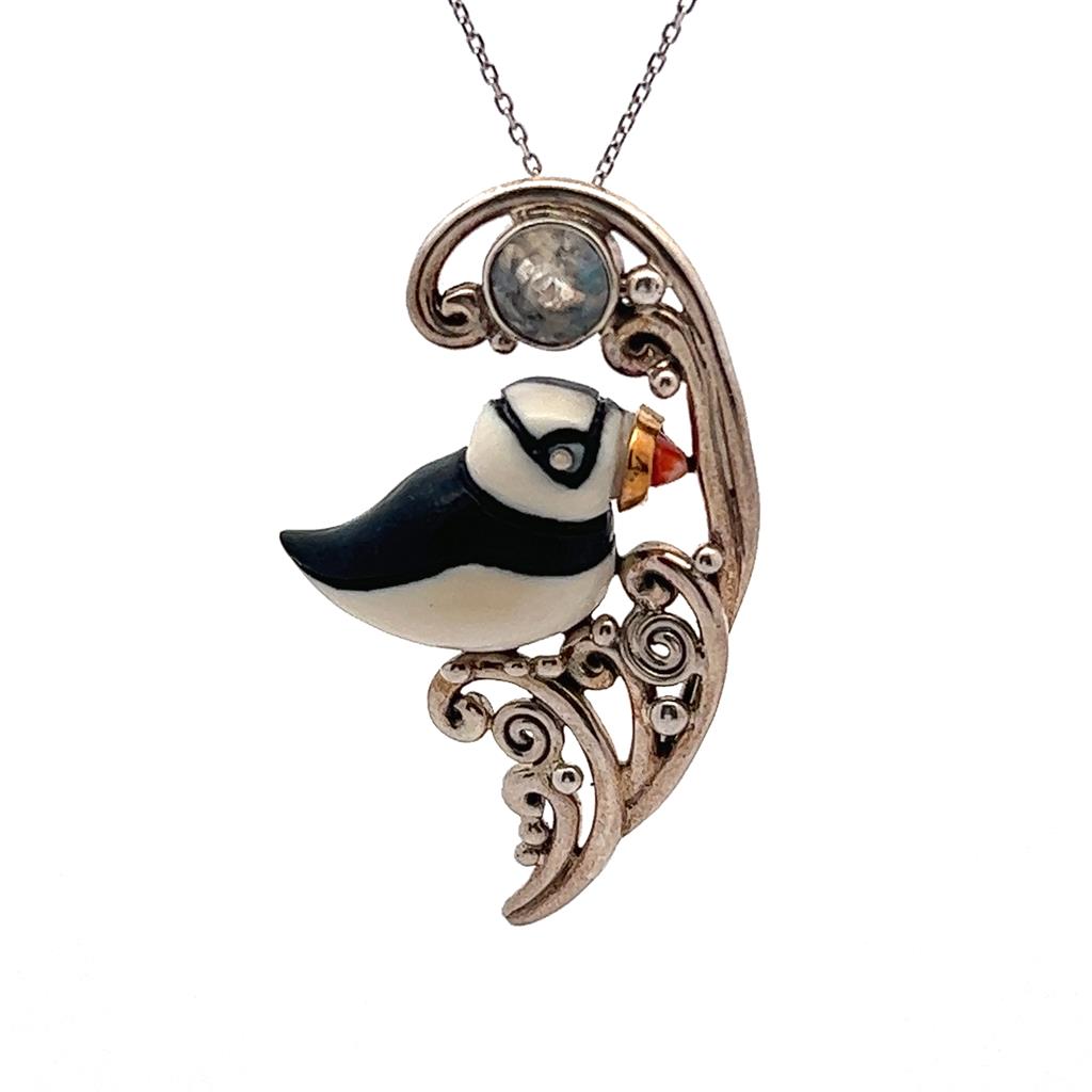 Mammoth Ivory Drop Style Puffin Pendant/Necklace .925