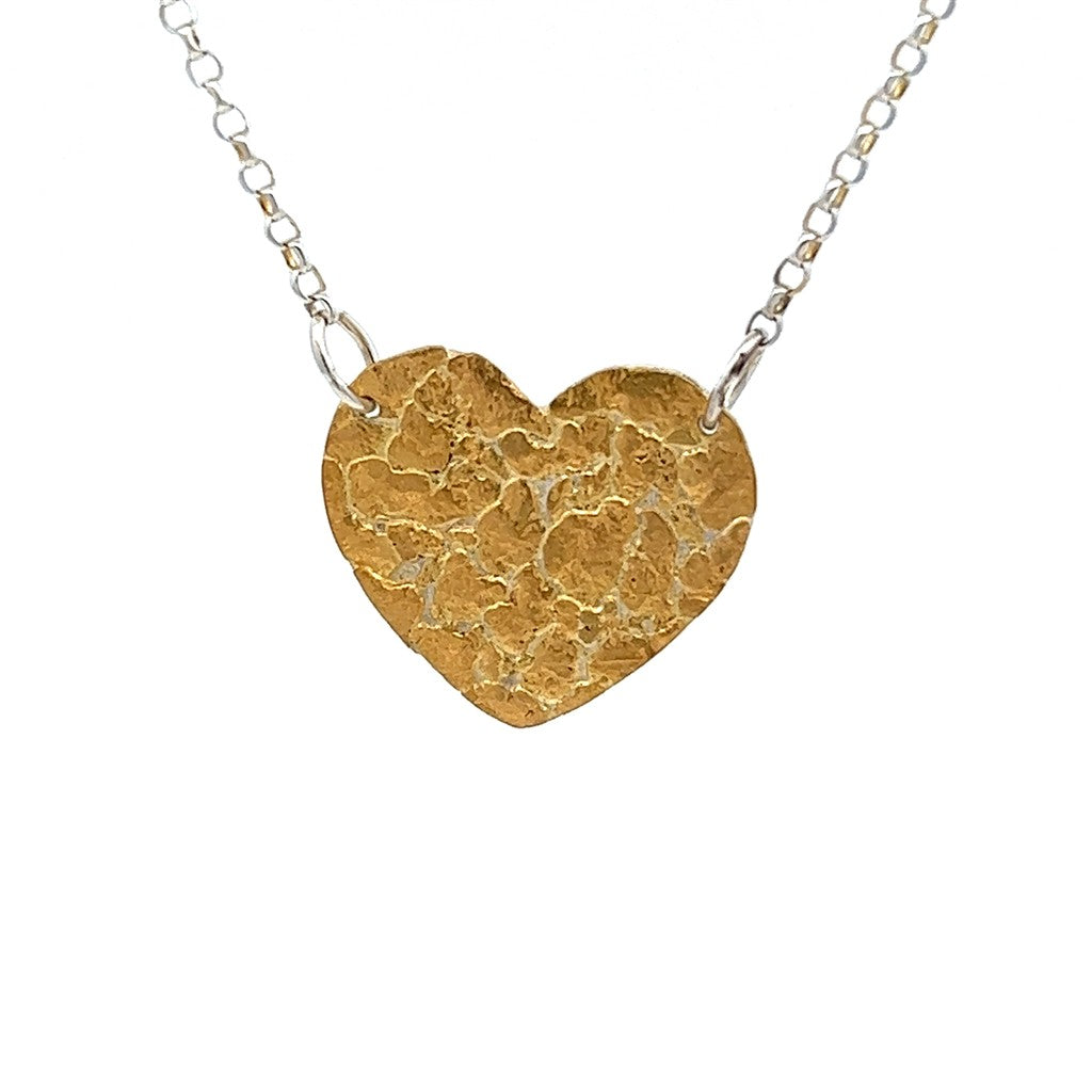 Heart Alaskan Gold Nugget Necklace In Line 20 " long On a Sterling Silver White Rolo Chain
