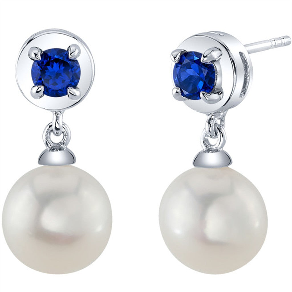 Sterling Silver White September Single Pearl Studs Earrings Round Fresh Water Pearls Round Sapphires