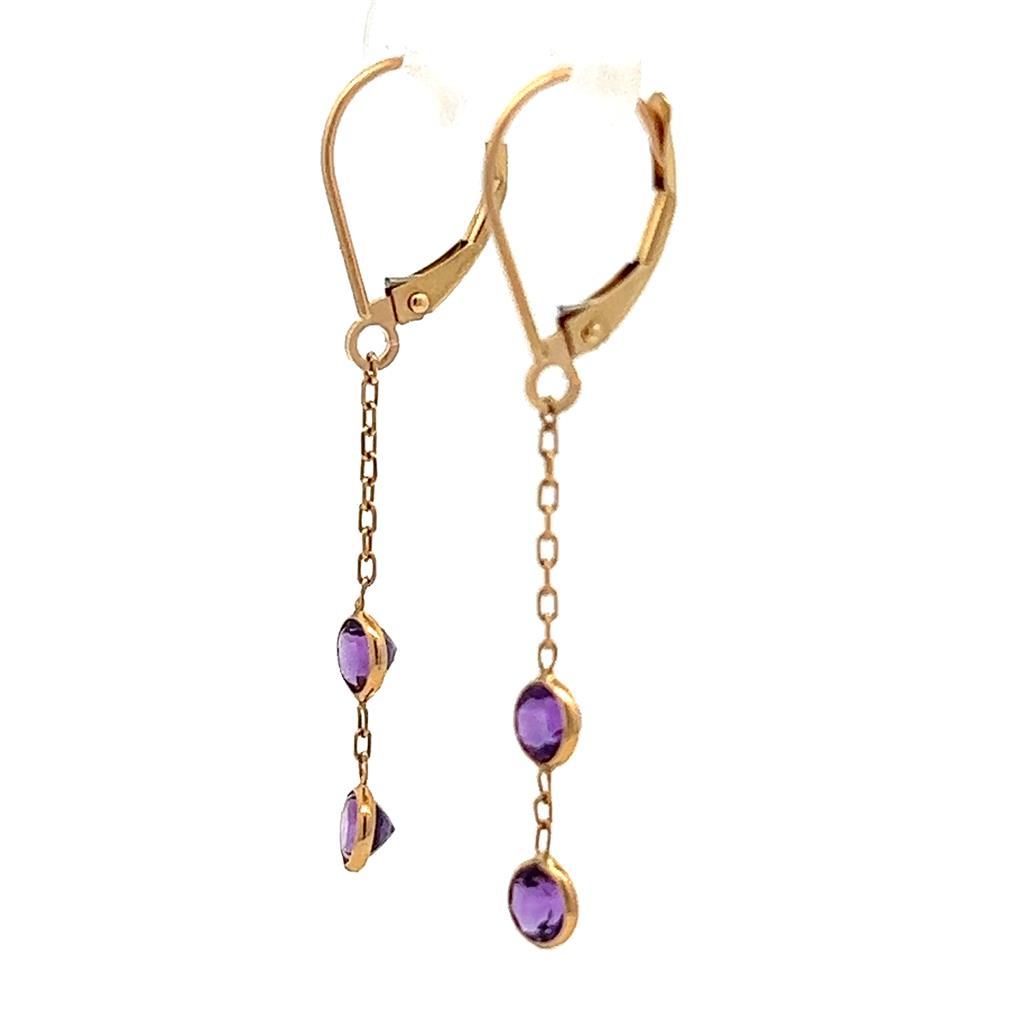 Earrings Precious Metal With Colored Stone Dangle Drop 14 KT Yellow With Amethyst