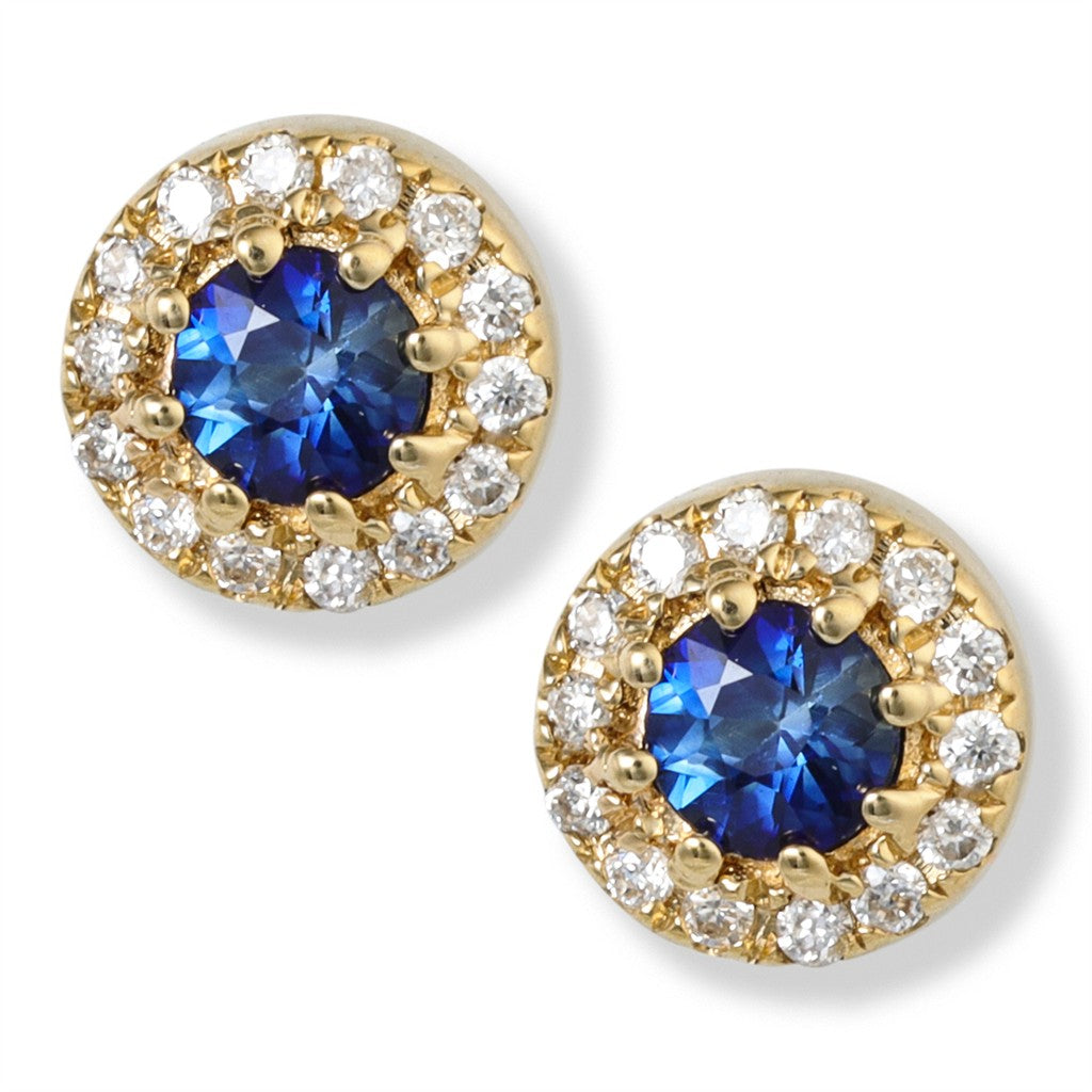 14 Karat Gold Yellow Stud Earrings 0.13ctw Round Sapphires 0.11 ctw Rose Cut Diamonds